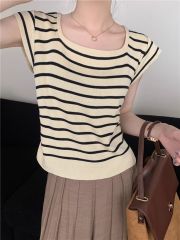 甜辣薄款方領撞色條紋正肩短袖恤女夏季設計小眾別致拼接上衣