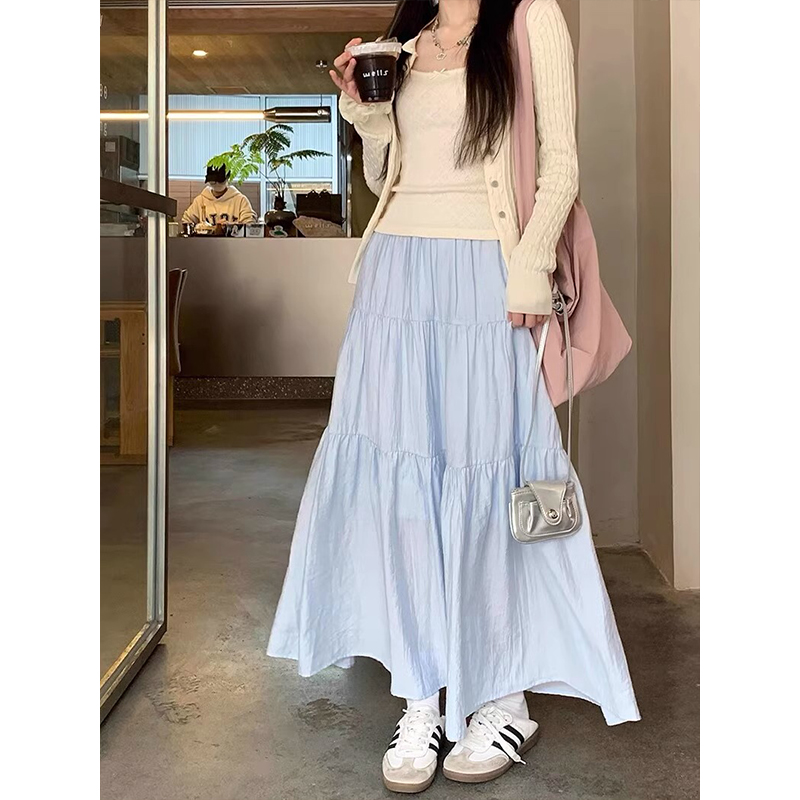 小清新藍色半身蛋糕裙春夏新款高腰顯瘦a字裙氣質簡約小個子裙子