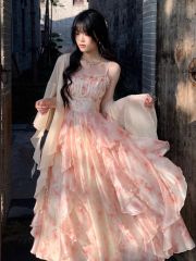 2025 summer new Eden oil painting smudge print waist-hugging ruffled suspender skirt Korean style dress