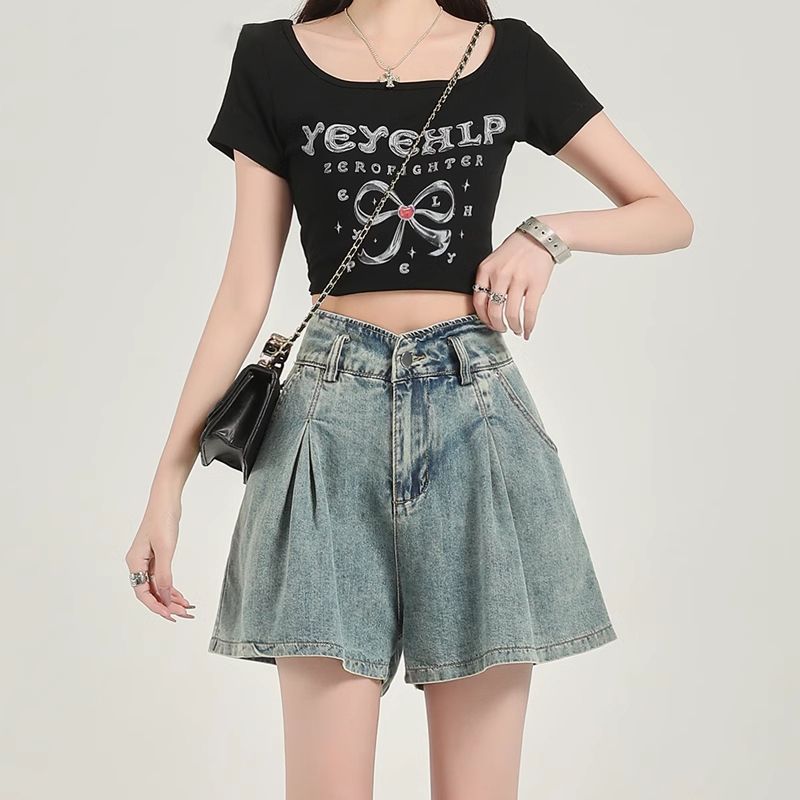 Retro high waist slim pleated denim shorts for women in summer new loose hips and versatile A-line wide-leg skirt and pants