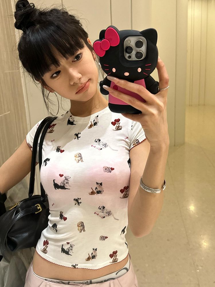 Sweet and cool hot girl short-sleeved T-shirt for women, slim and simple and versatile American retro cat and dog printed short top trendy