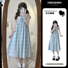 假兩件抹胸吊帶小個子連衣裙夏季新款格紋甜美初戀高腰顯瘦A字裙