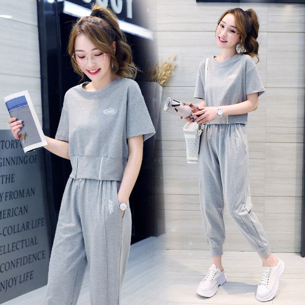 New summer short-sleeved sports and casual suit for women short loose tops nine-point pants two-piece set