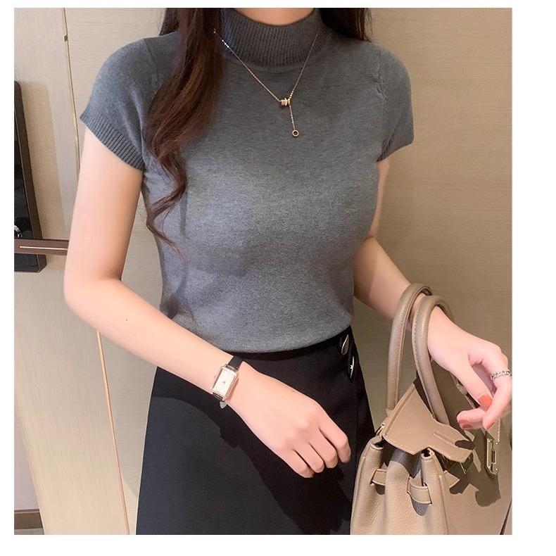 New half-high neck versatile summer short-sleeved knitted base shirt for women solid color suit spring and autumn short top