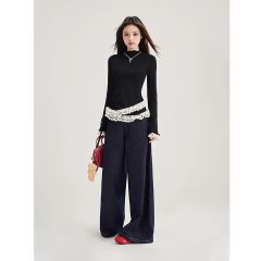 Korean 2025 new half-high neck wood earrings lace spliced ​​long-sleeved base shirt T-shirt women's top