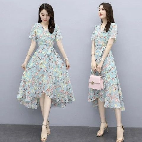 2025夏季新款碎花連衣裙夏秋法式冰絲中長款顯瘦氣質收腰連衣裙子