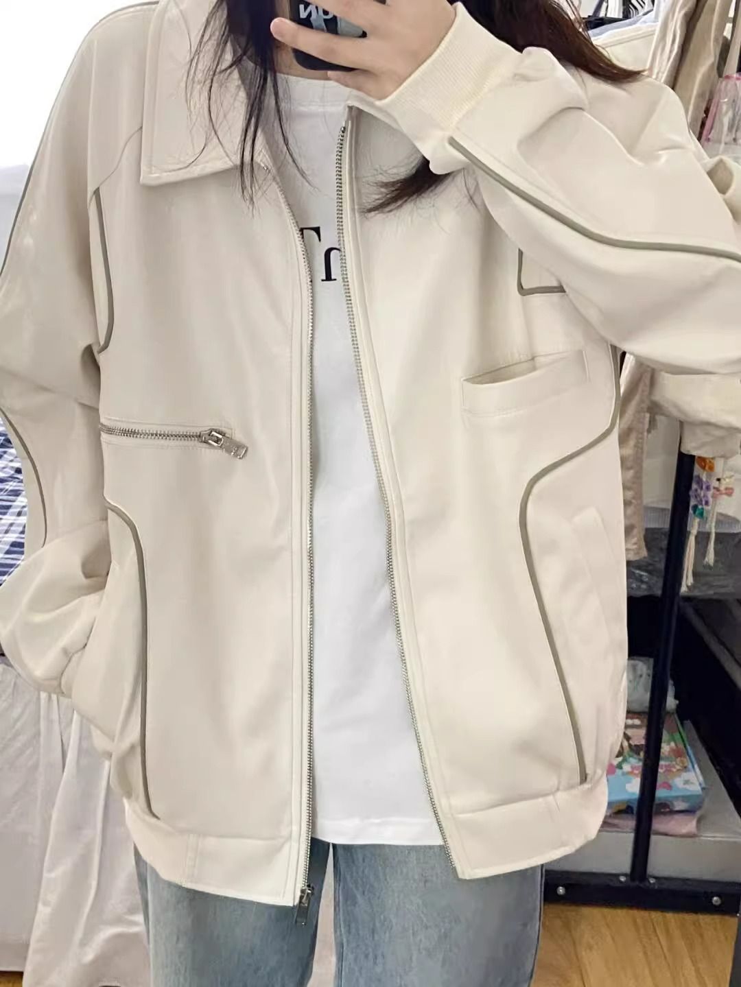 白色皮衣外套女2025春秋冬新款百搭寬鬆美拉德穿搭皮夾克開衫上衣