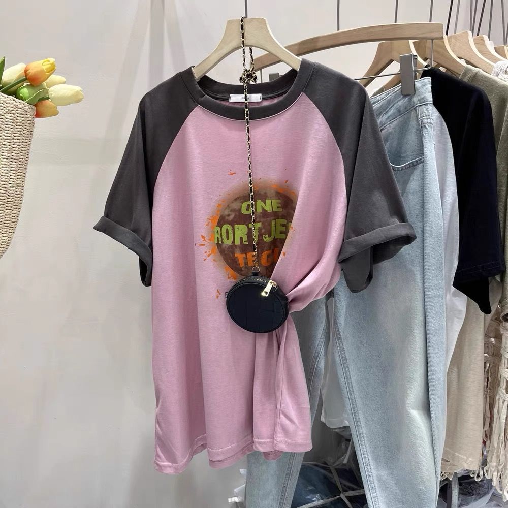 ~Large size women's pure cotton raglan short-sleeved T-shirt for women 2025 new loose top