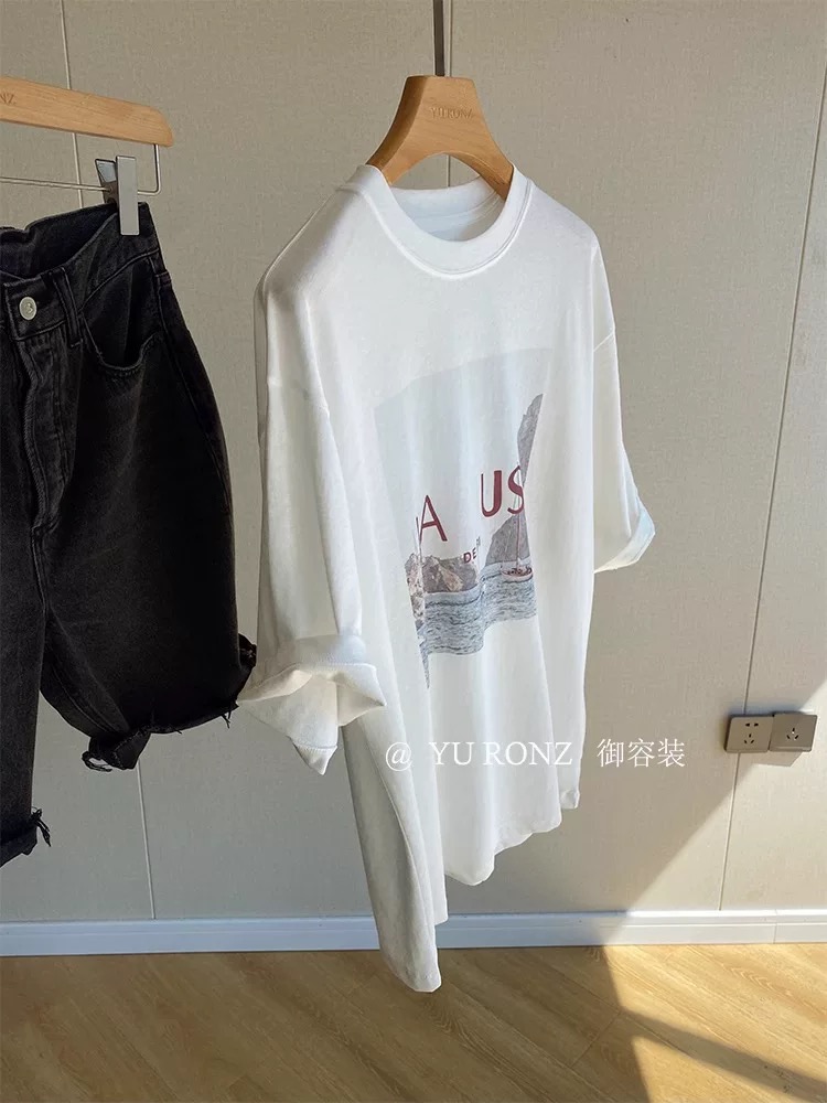 200g combed and tight spun in 2025, pure cotton back bag strip, spring and summer loose shoulder printed short-sleeved T-shirt