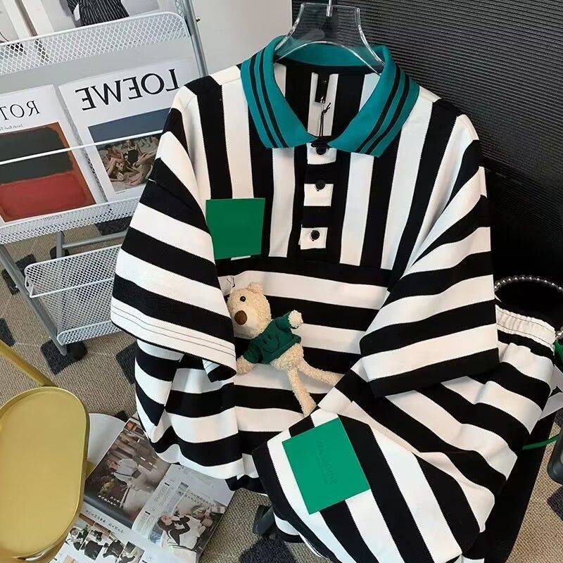 Internet celebrity fashion casual sports suit for women in summer new loose striped top shortsleeved shorts two-piece set