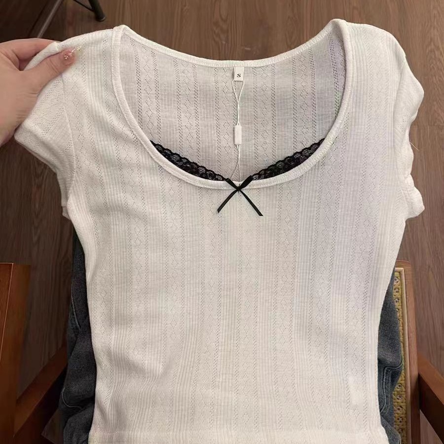 Original fabric, pure and sweet, spicy lace lace, shoulder short sleeves, women's summer new short top