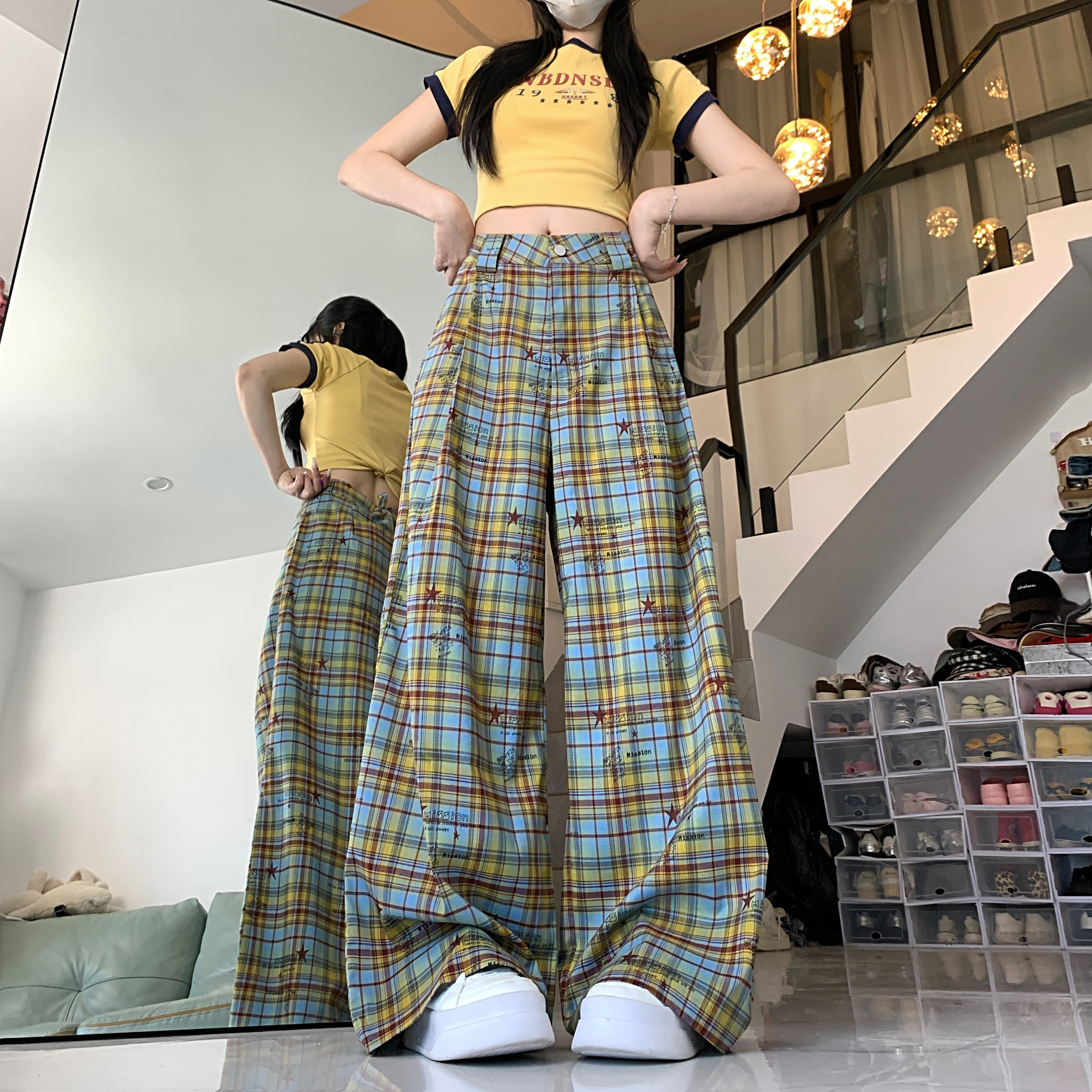 實拍美式復古黃色格紋星星塗鴉休閒褲女夏寬鬆百搭慵懶垂感長褲子