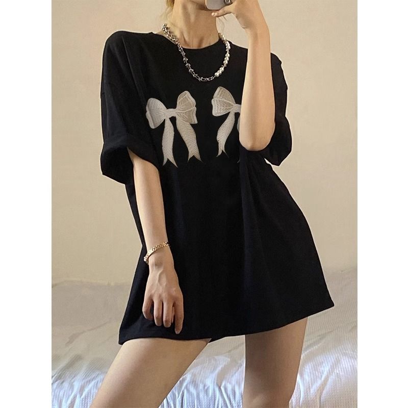 200g pure cotton 2025 new summer large size loose mid-length dress fat mm short-sleeved T-shirt skirt for women