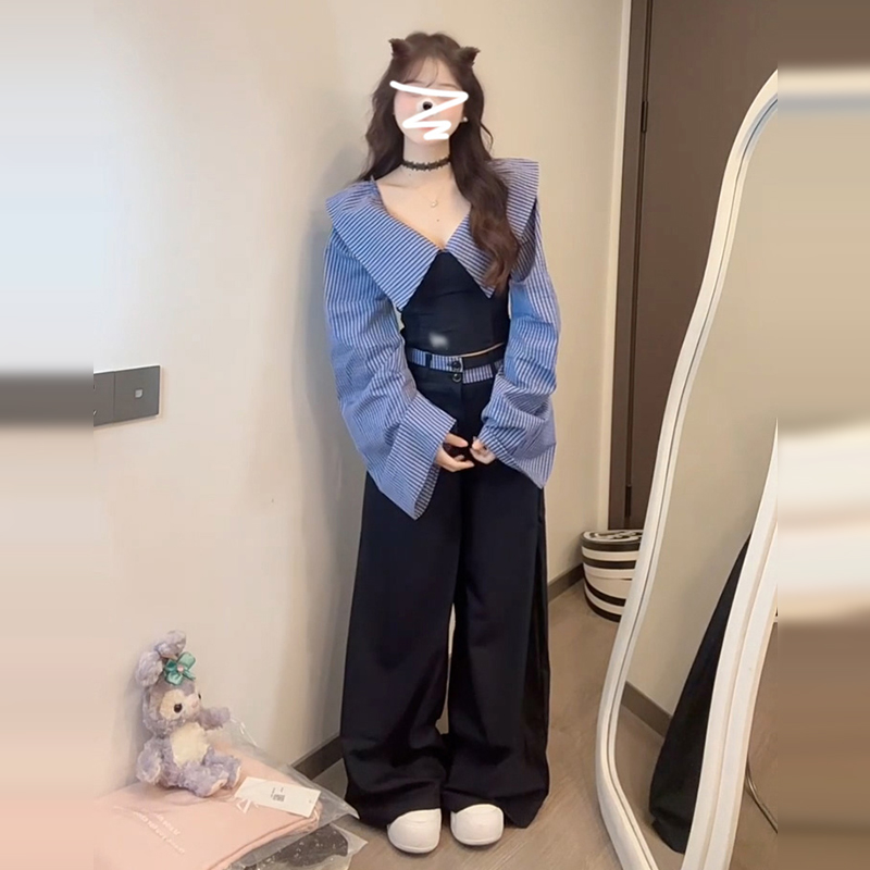 2025新款超好看一字肩拼接上衣女韓版收腰寬鬆顯瘦休閒褲兩件套