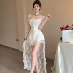 French lace v-neck short-sleeved dress for women irregular skirt white beautiful waist-length skirt