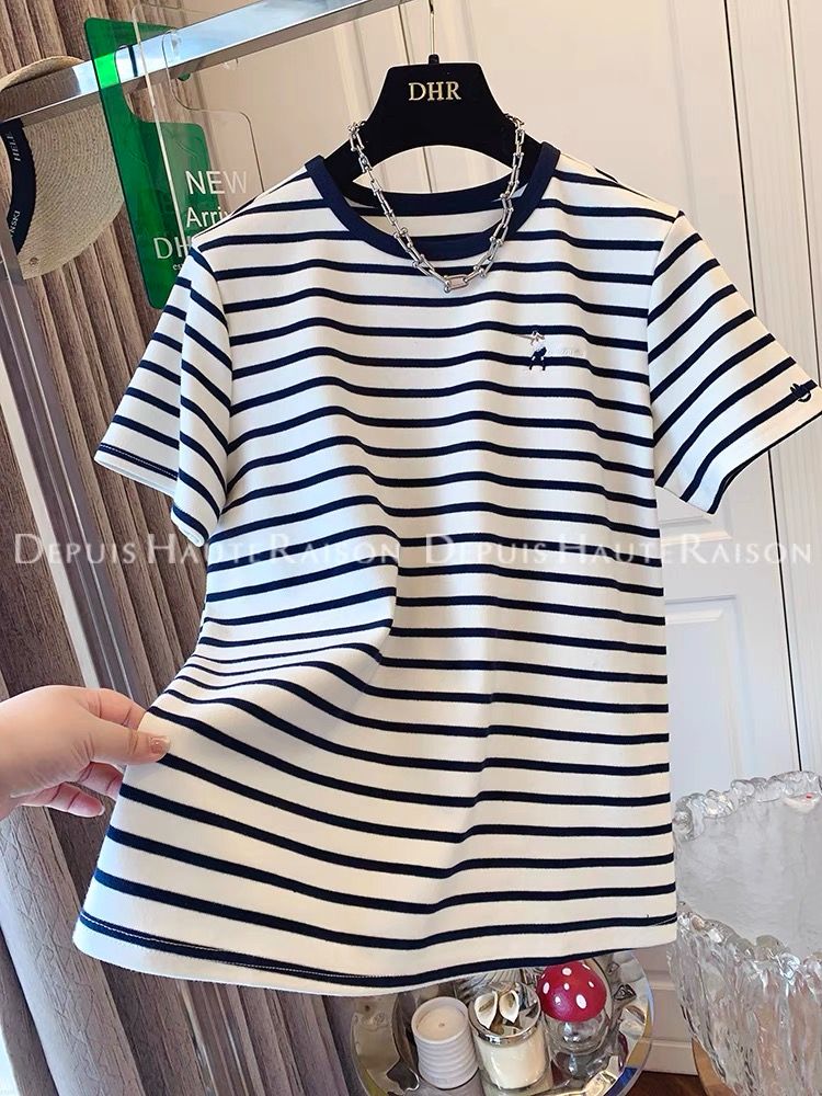 ~Large size women's pure cotton design embroidered striped short-sleeved T-shirt loose top for women's 2025 summer new style