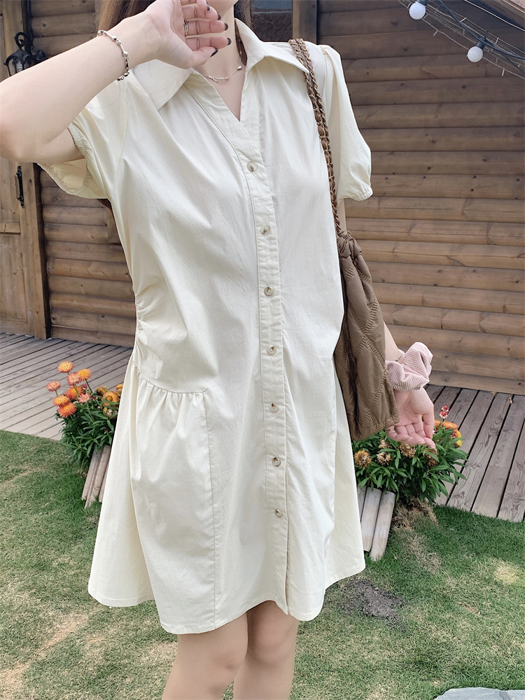 Dress puff sleeve shirt skirt V-neck pleated design Korean version A-line short skirt for women