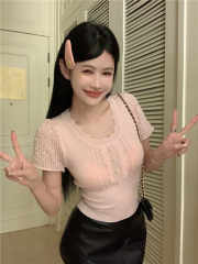 天貓質量設計感短袖針織T恤女2025夏季辣妹修身小眾短款上衣