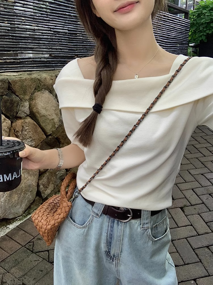 40 pure cotton 2025 summer new short-sleeved T-shirt chic collarbone exposed for women