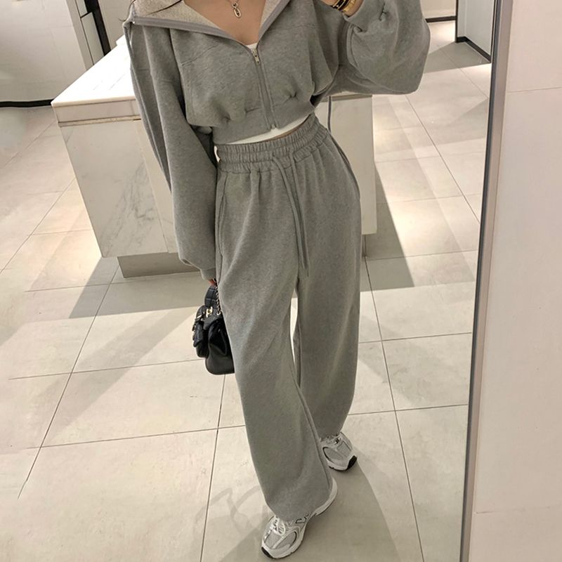 Korean chic autumn niche hooded long-sleeved short sweatshirt + high-waisted lace-up versatile wide-leg casual pants
