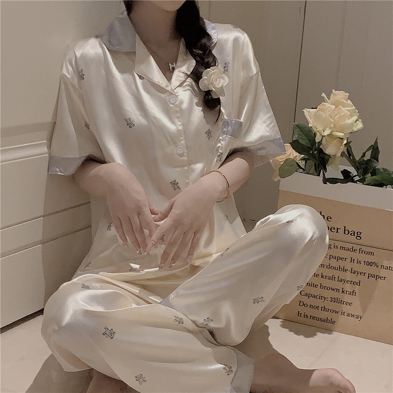 Real photo of cute little bear pajamas for women short-sleeved trousers suit emulated silk high-end home clothing