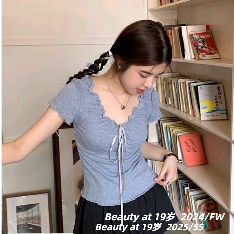 2025 short-sleeved T-shirt for women with black ears and tied short summer top