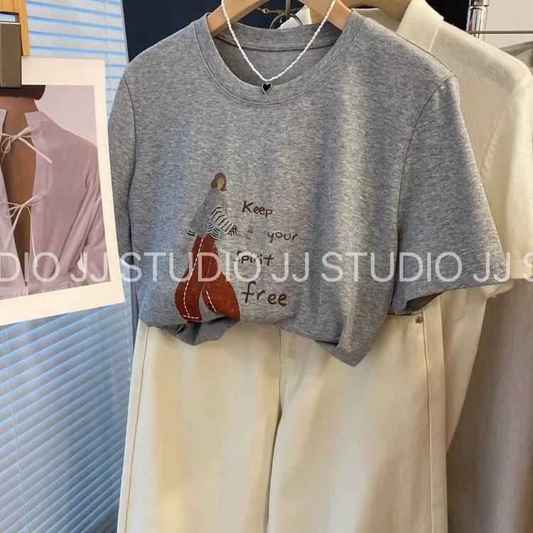 200g combed and tight spun in 2025, pure cotton back bag strip, spring and summer loose shoulder printed short-sleeved T-shirt