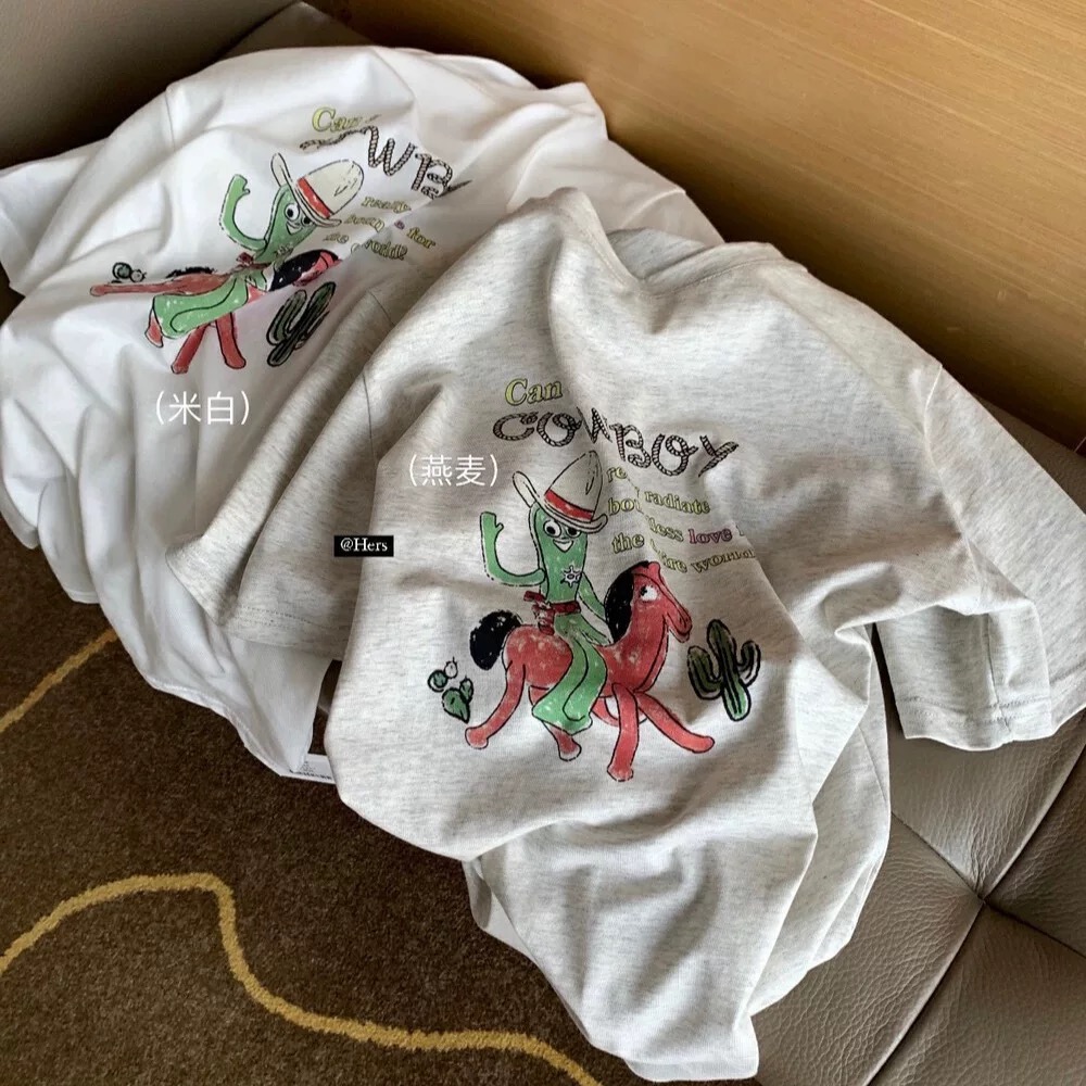 200g combed and tight spun in 2025, pure cotton back bag strip, spring and summer loose shoulder printed short-sleeved T-shirt