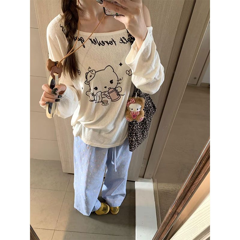 Original fabric Korean off-shoulder long-sleeved T-shirt women's summer pure and loose design niche top