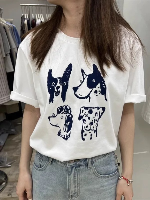 200g combed and tight spun in 2025, pure cotton back bag strip, spring and summer loose shoulder printed short-sleeved T-shirt