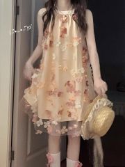 French pink floral neck dress for women summer 2025 new small and gentle beach waist-hugging vacation skirt