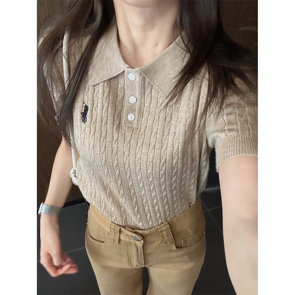 Svener women's high school Korean mohua college style polo collar embroidered knitted short-sleeved T-shirt for women versatile top for women