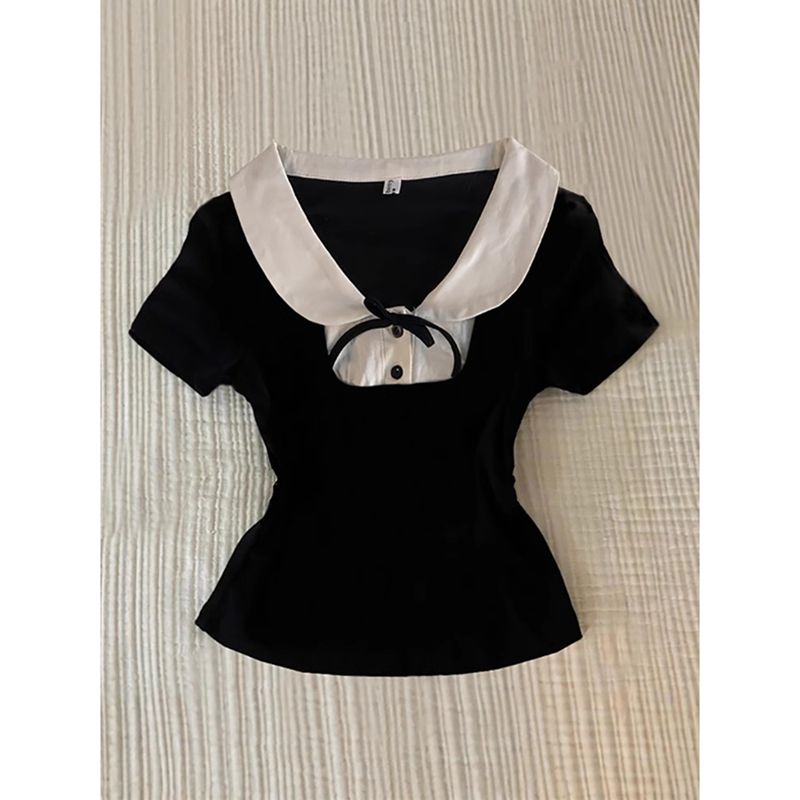 South Korea's foreign trade new style design sense black fake two-piece top women's short-sleeved strap design short