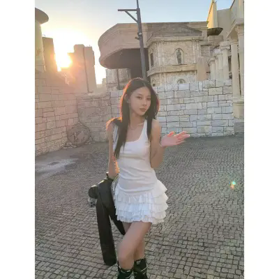 2025 new hot girl style ruffle white suspender dress for women's summer slim fit A-line skirt short skirt