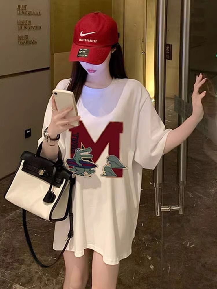 200g pure cotton 2025 new summer large size loose mid-length dress fat mm short-sleeved T-shirt skirt for women
