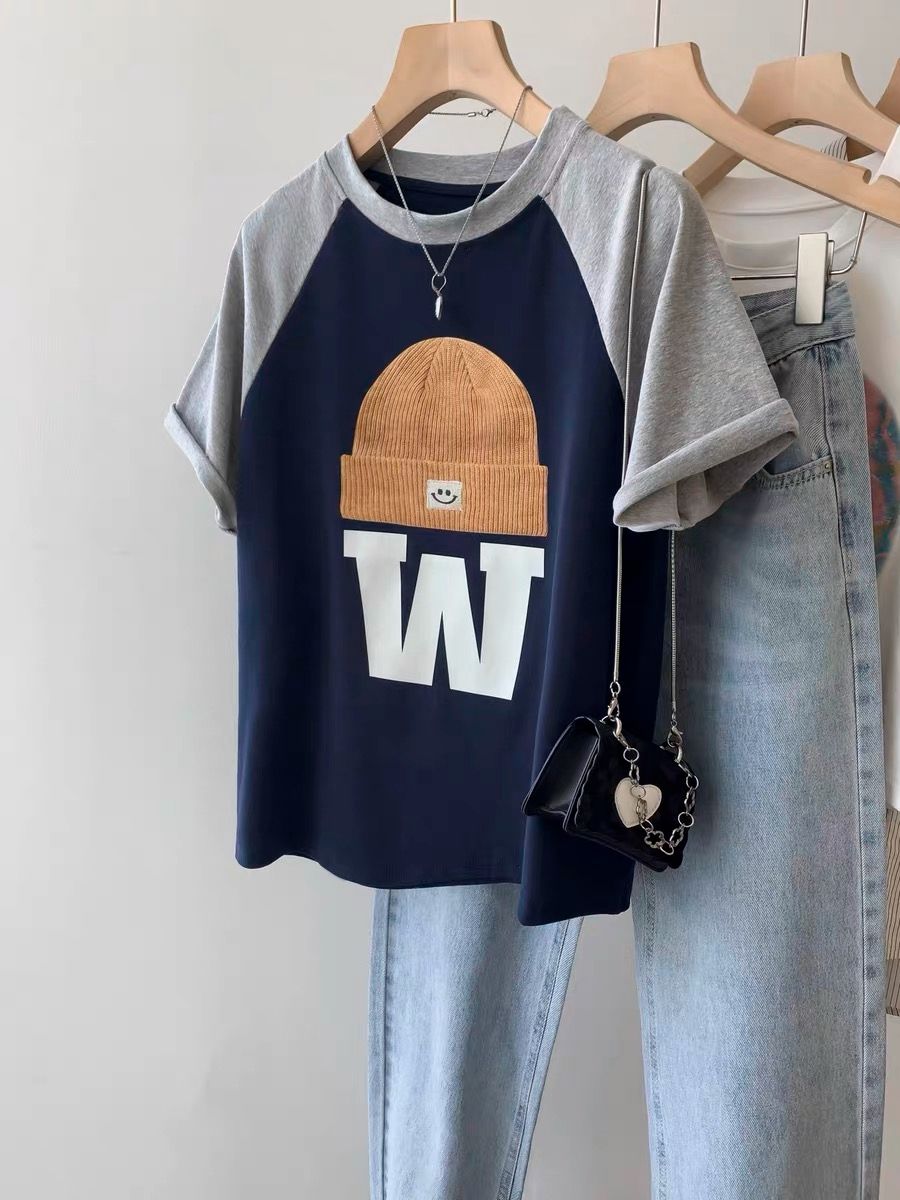 ~Large size women's pure cotton color-blocking raglan short-sleeved T-shirt women's summer top 2025 new style