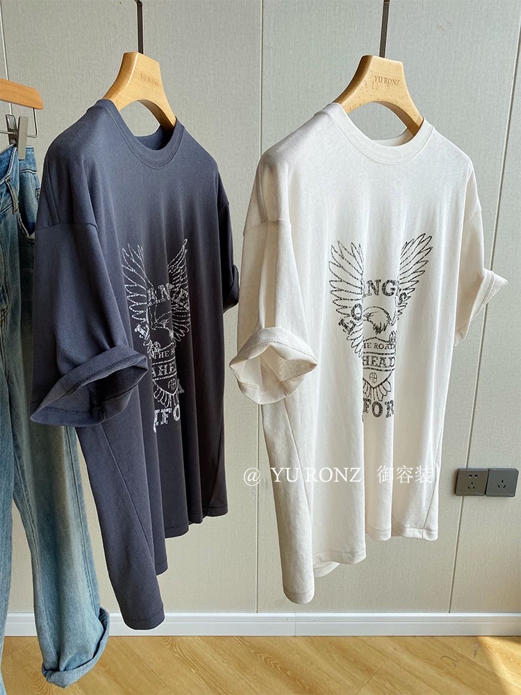 200g combed and tight spun in 2025, pure cotton back bag strip, spring and summer loose shoulder printed short-sleeved T-shirt
