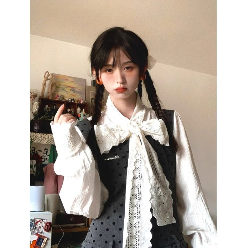 學院風氛圍感穿搭一整套裝女春白襯衫波點百褶吊帶裙兩件套小個子