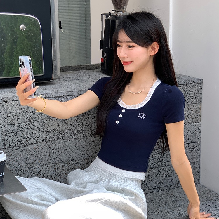 Song Zhengen short shoulder short sleeve T-shirt for women for women's summer lace splicing cotton slim-fitting butterfly Korean top