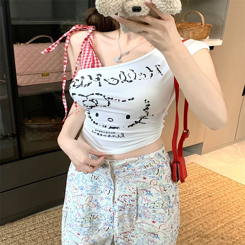 Sweet hot girl style spliced ​​off-shoulder vest women's summer retro cartoon printed sleeveless top