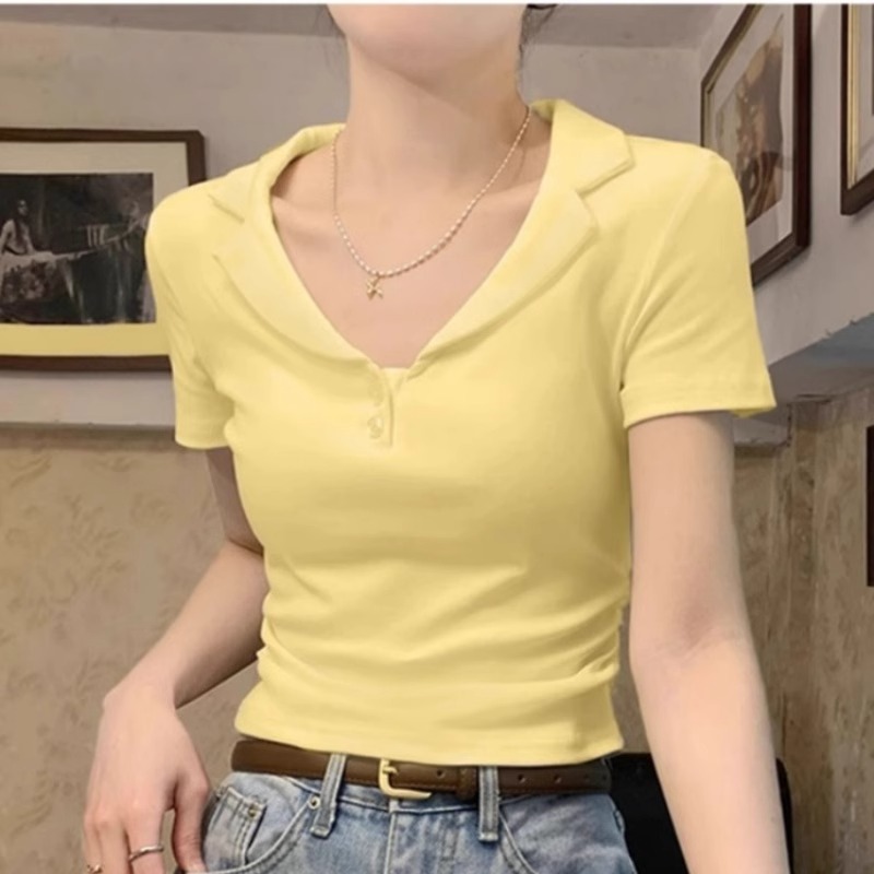 Dopamine cream yellow polo shirt, shoulder short-sleeved T-shirt 2025 new slim waist-hugging short top for women