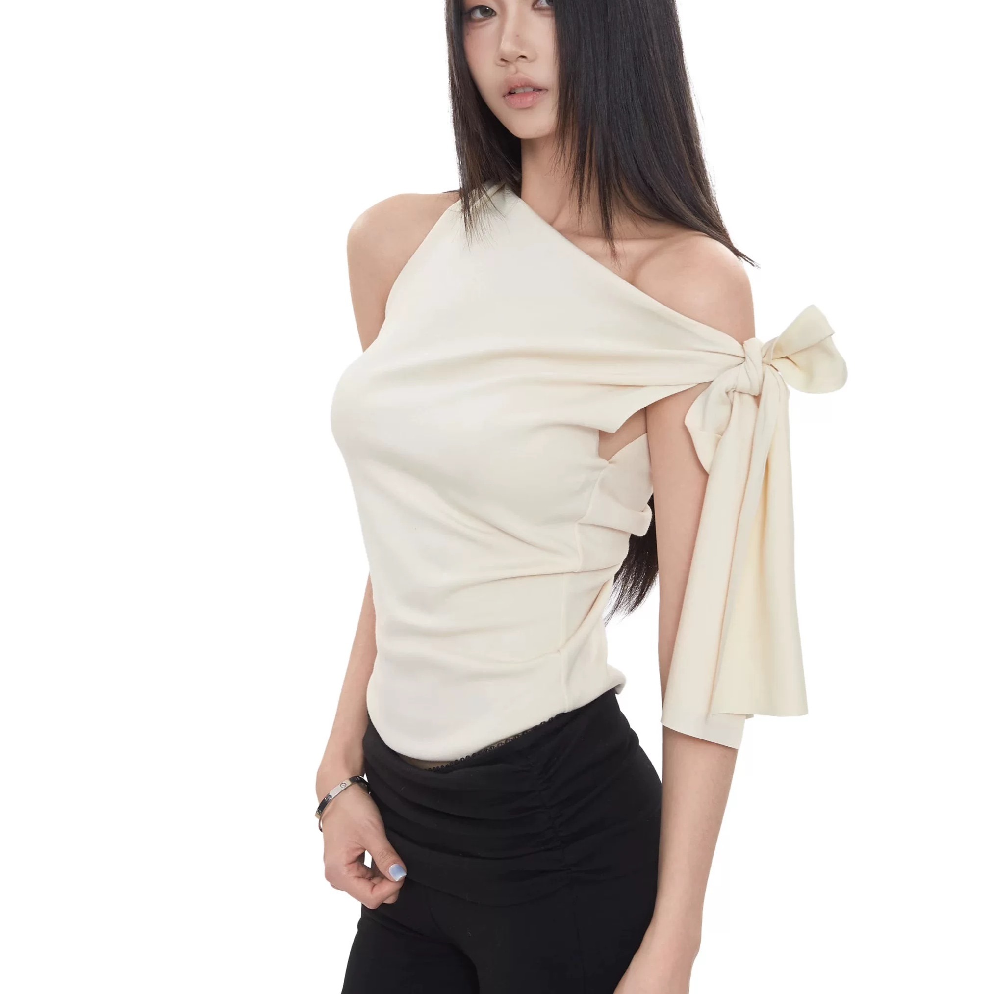 Colorful cotton ribbed bow strap off-shoulder chic T-shirt off-shoulder black top