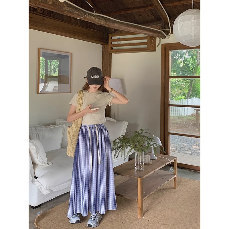 春夏藍白格子半身裙女2025新款春夏小個子A字裙格紋裙子半裙長裙