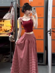 ，原版做法法式高級感紅色半身裙裙子女夏季新款格子長裙