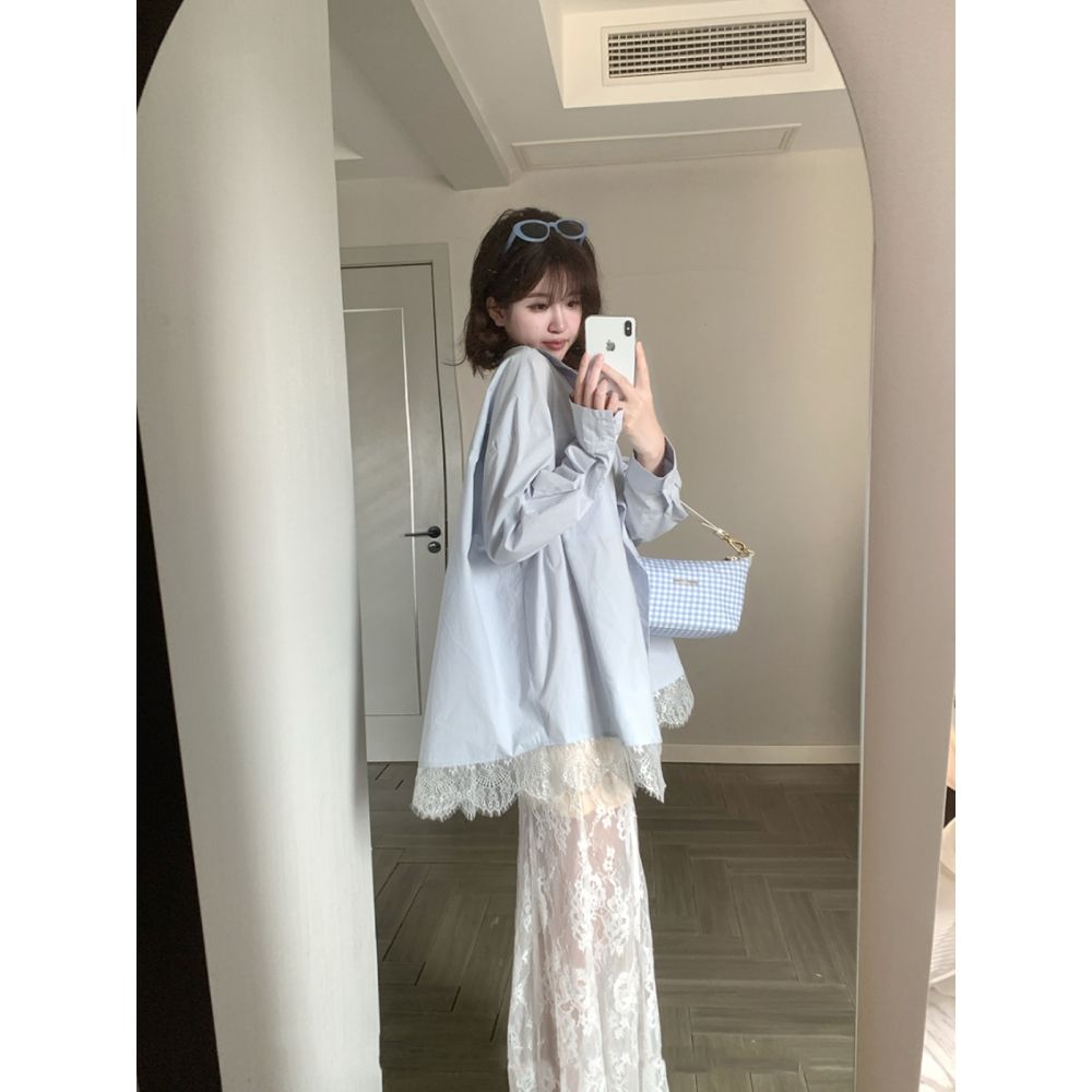冰島慕斯寬鬆蕾絲襯衫女韓系設計感小眾休閒百搭氣質上衣襯衣