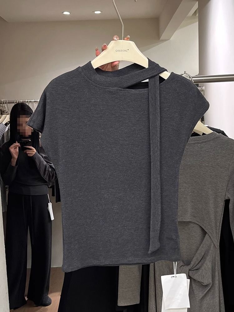 2025 Korean halter neck hollow flying sleeve short sleeve T-shirt for women's summer small slim short top