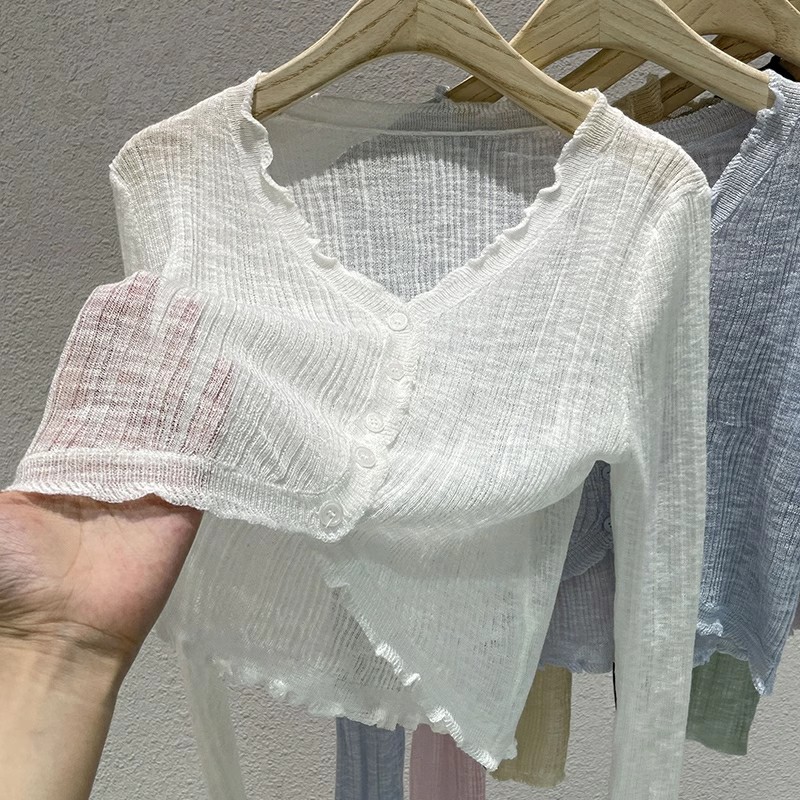 Summer white ice silk knitted sunscreen cardigan top small jacket women's thin shawl with suspender skirt outer blouse