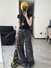 迷彩高腰闊腿牛仔褲女寬鬆顯瘦設計感墜感拖地長褲