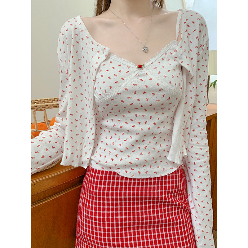 Real photo of suspenders pure desire floral two-piece suit for women versatile casual inner strap top in summer