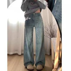 American retro high waist wide-leg jeans for women in spring and autumn new high waist slim casual and versatile straight floor trousers